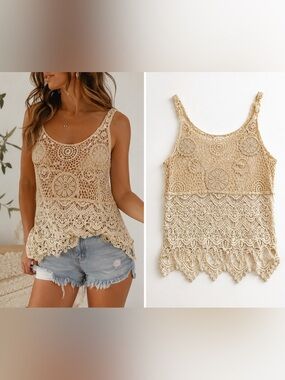 Pinky Crochet Lace Tank Top Medium Boho Festival Beach Sheer Open Knit Cream